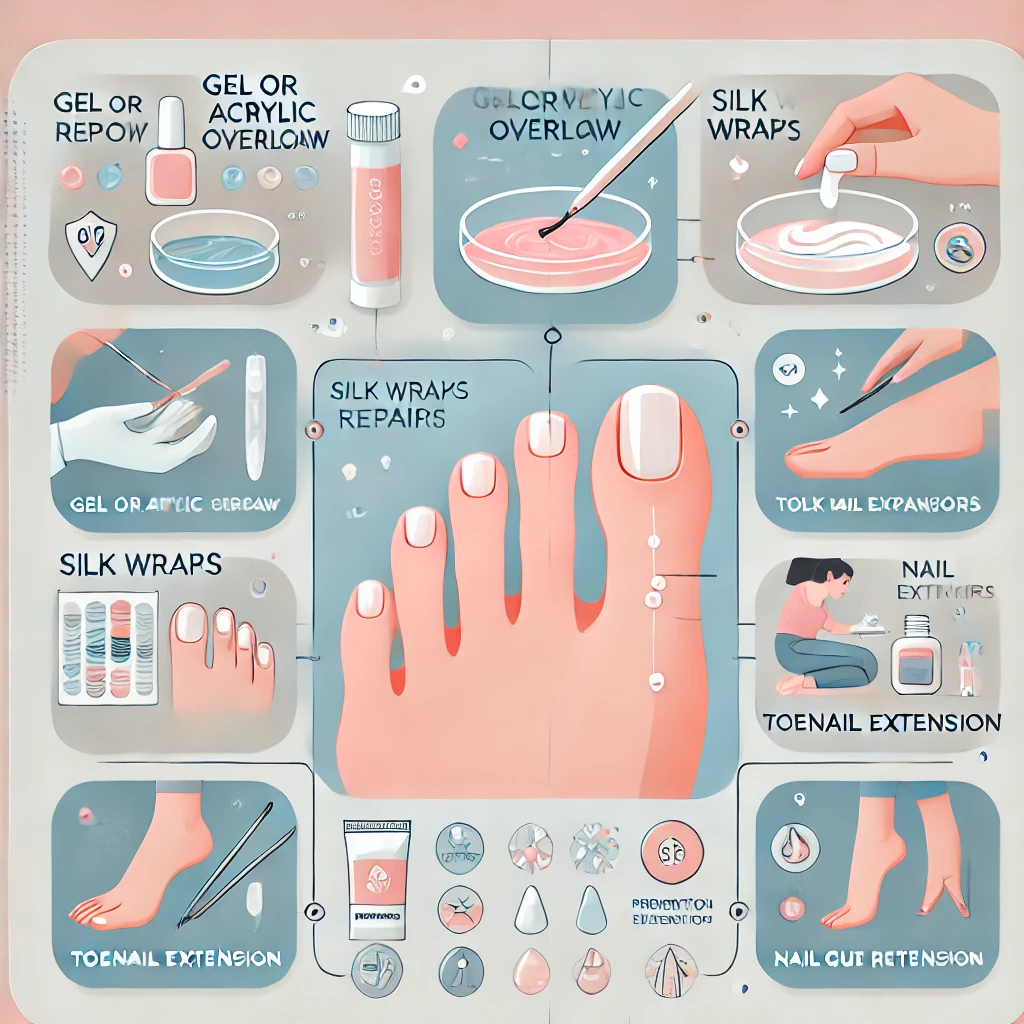 An-infographic-style-design-showcasing-toenail-repair-options-at-a-nail-salon.-The-layout-includes-clear-sections_-1-Gel-or-Acrylic-Overlay-2-Silk